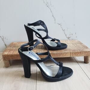 Bakers Square Heels Women 7M Black Gladiator Y2K Open Toe Coquette Sparkly Style